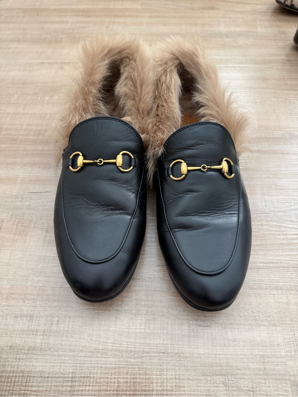 Women’s Black Leather Fur-Lined Slip-On Loafers with Gold Bit